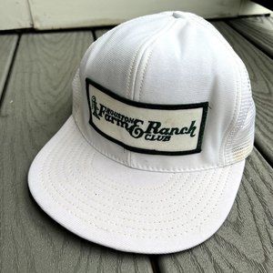 Vintage Made in USA Houston Farm & Ranch Club White Snap Back Flat Bill Hat Cap